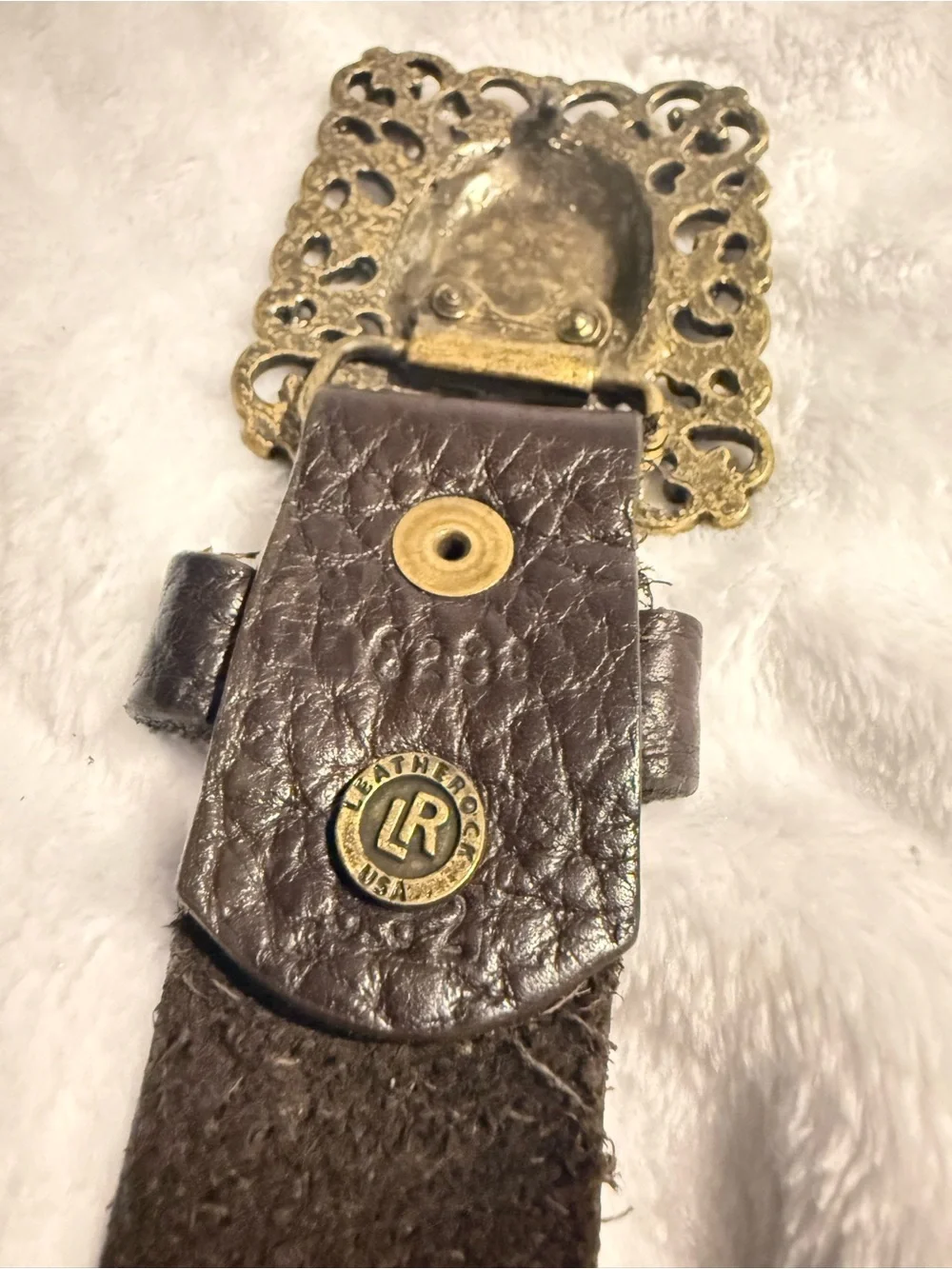 Vintage Leatherock USA Boho Statement Belt Ornate Stone Buckle Model 6289